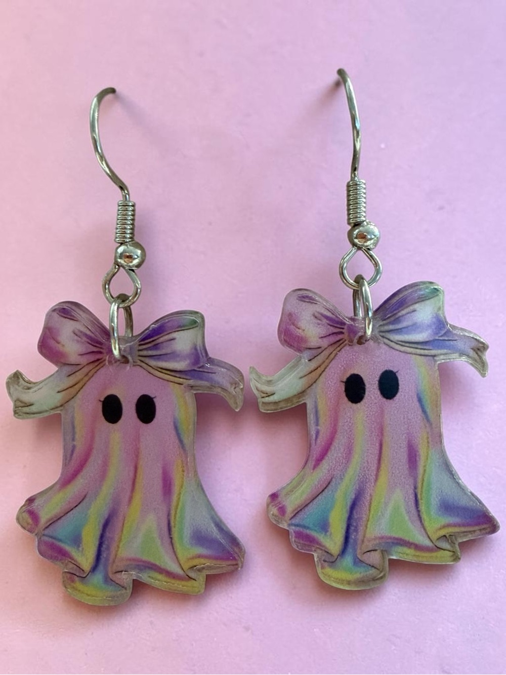 Pink Tie-Dye Ghost Bow Drop Earrings